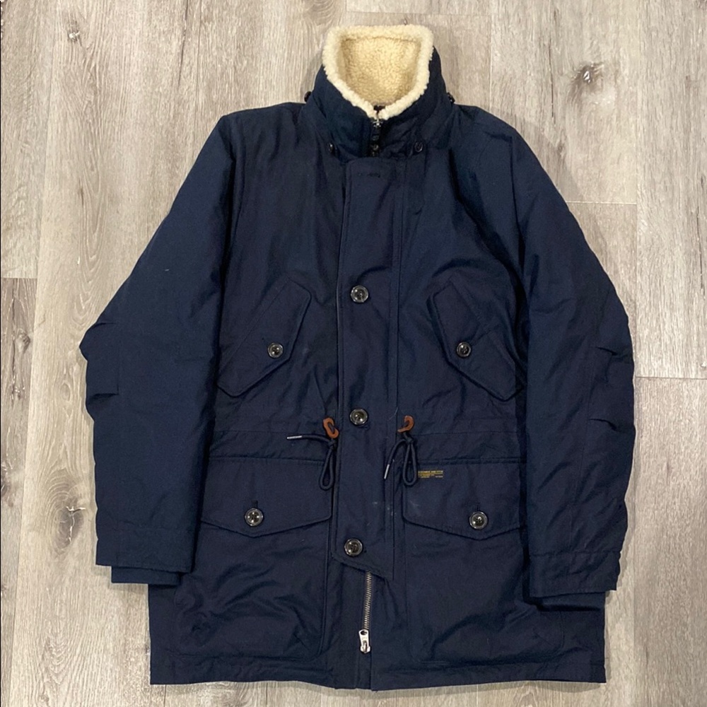 Abercrombie and Fitch Men's Navy Parka Jacket with Shearling Collar